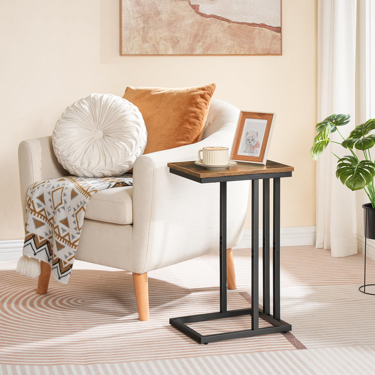 C Shaped End Table, Small Couch Side Table with Metal Frame, Sturdy Slide Under C Table