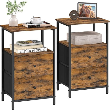 Nightstand, 24-Inch Tall Side Table with 2 Fabric Drawers and Storage Shelf