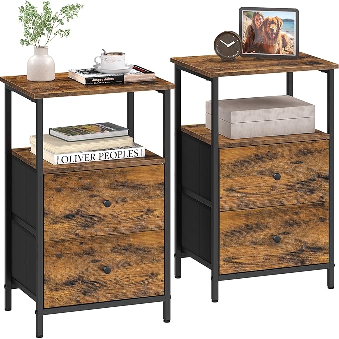 Nightstand, Side Table with 2 Fabric Drawers