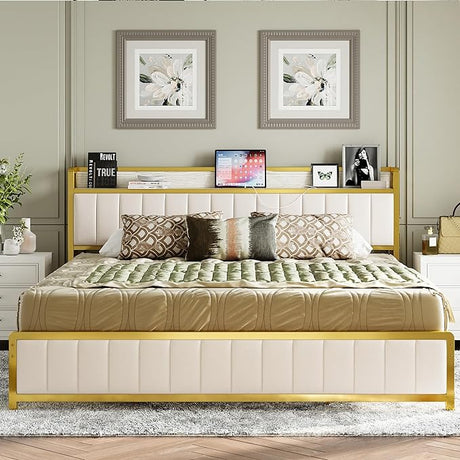 ANCTOR Queen Bed Frames, Storage Headboard with Charging Station, Solid and Stable, Noise Free, No Box Spring Needed, Easy Assembly