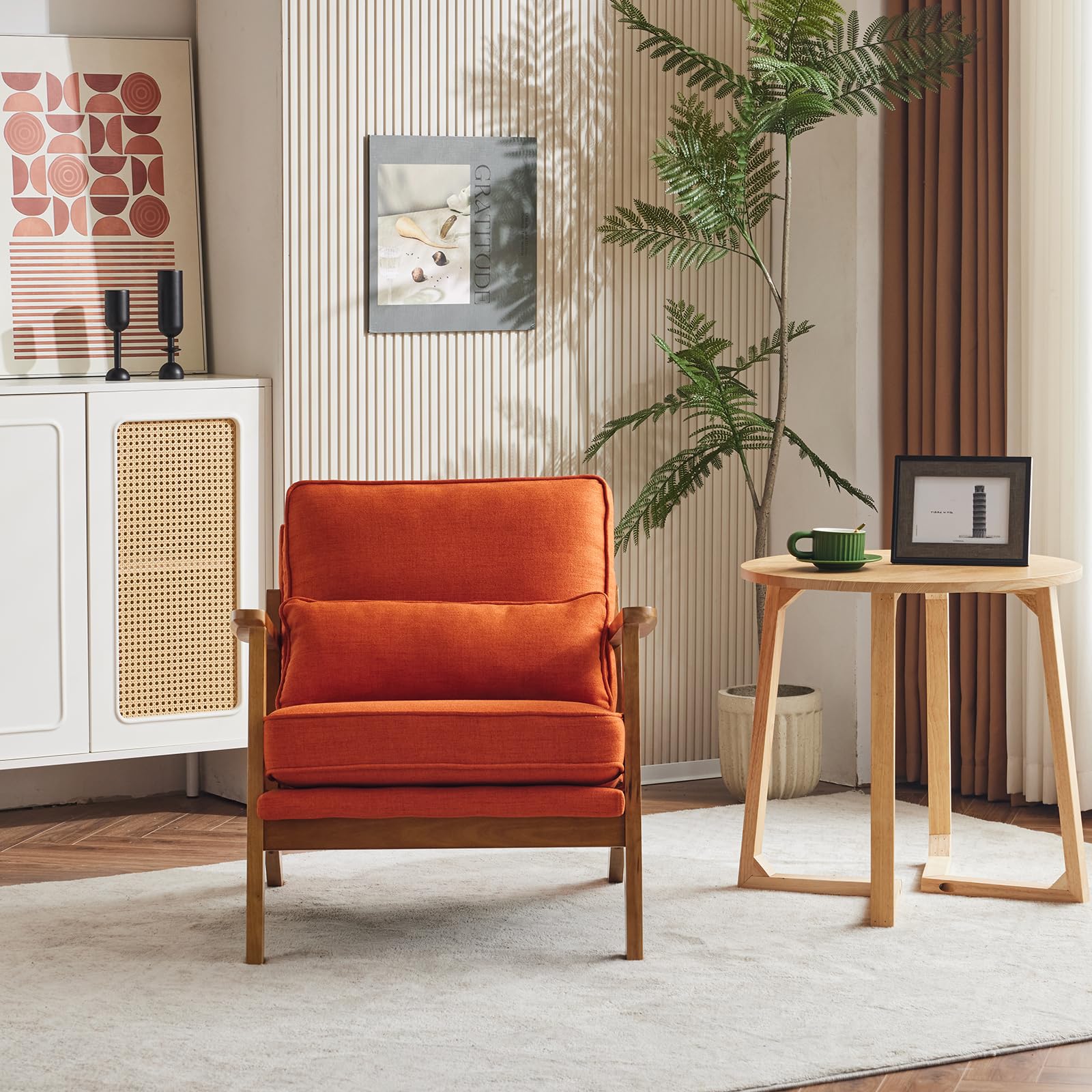 Accent Chair Wide Armrest Mid-Century Lounge Chair Linen Fabric Armchair