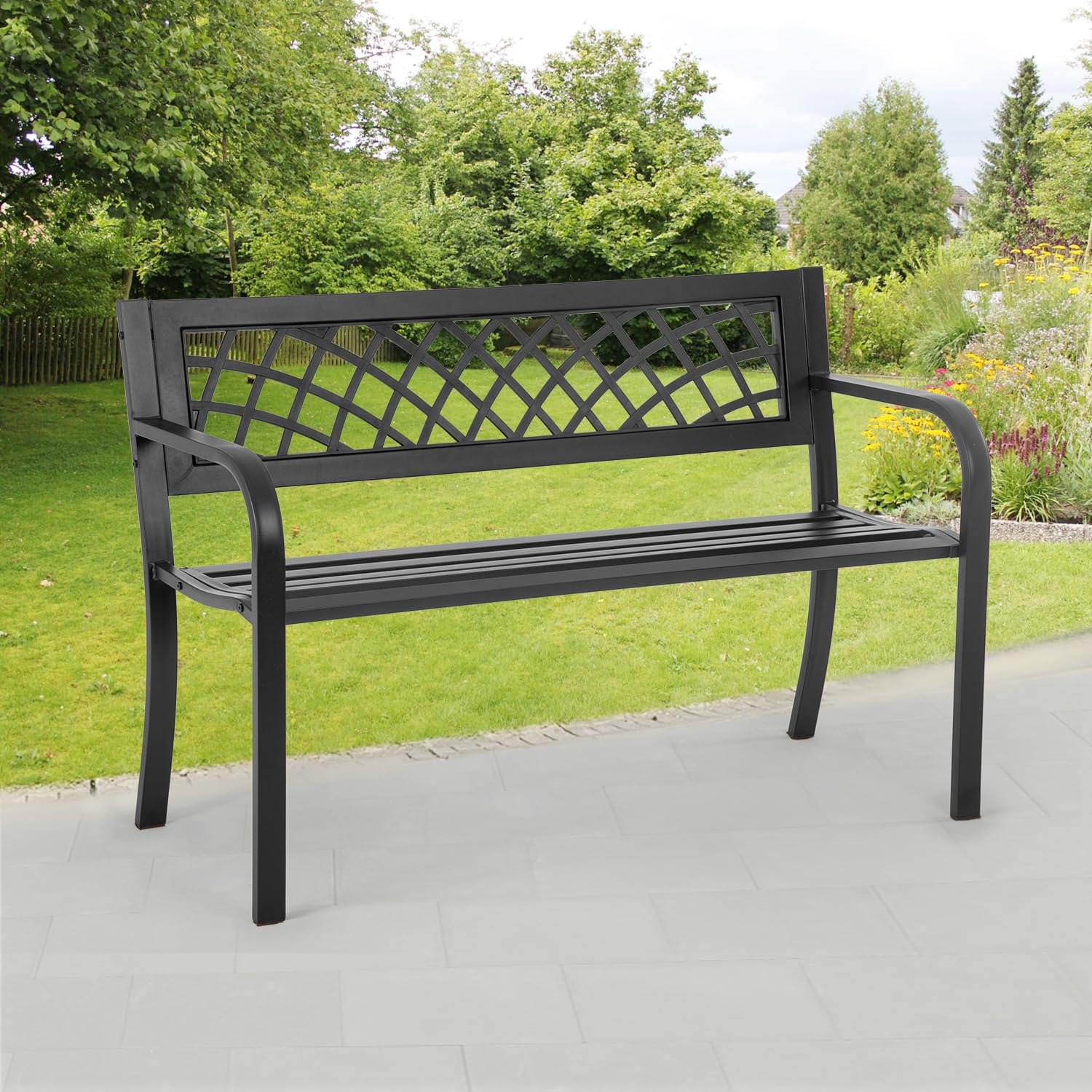 Outdoor Garden Bench,Iron Steel Frame Patio Bench with Mesh Pattern and Plastic Backrest Armrests for Porch