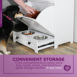 Raised Dog Bowl Stand with Food Storage Cabinet - White Pet Feeding Station