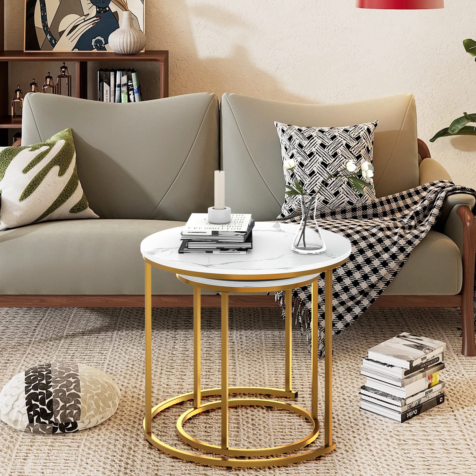 Nesting Coffee Table Faux White Marble for Small Place 24 in 2 Sets High Side End Sofa Table