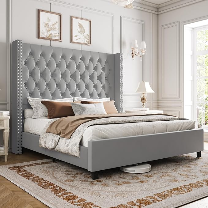 King Platform Bed Frame 61.4" Handmade Headboard