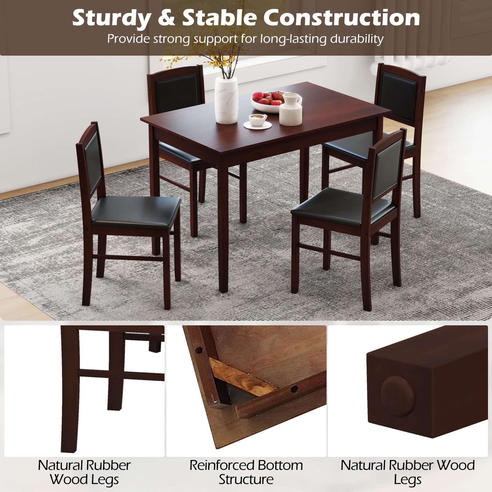 5-Piece Farmhouse Dining Table Set with Upholstered Chairs