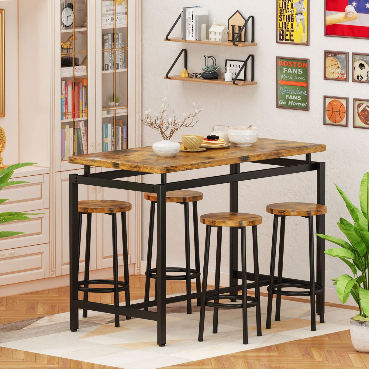 5 Pcs Dining Table Set, Industrial Kitchen Table and Chairs for 4, Bar Table Set Height