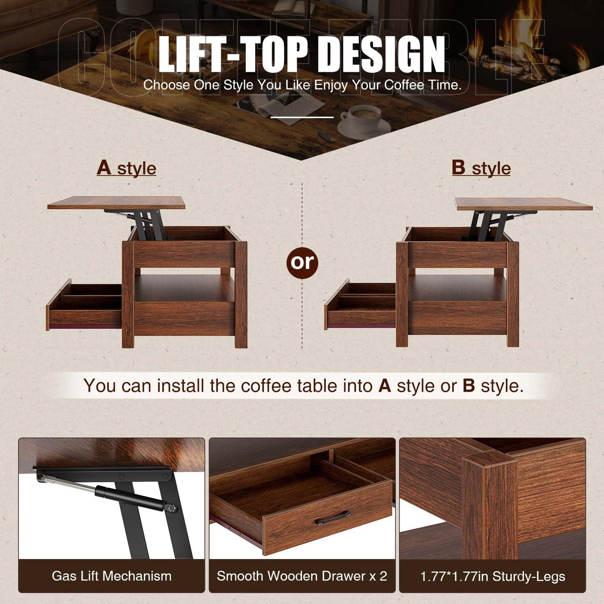 Coffee Table, Lift Top Coffee Table with Drawers and Hidden Compartment