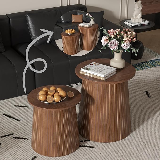 Nesting Coffee Table Set of 2, Round End Table with Storage, Farmhouse Side Table