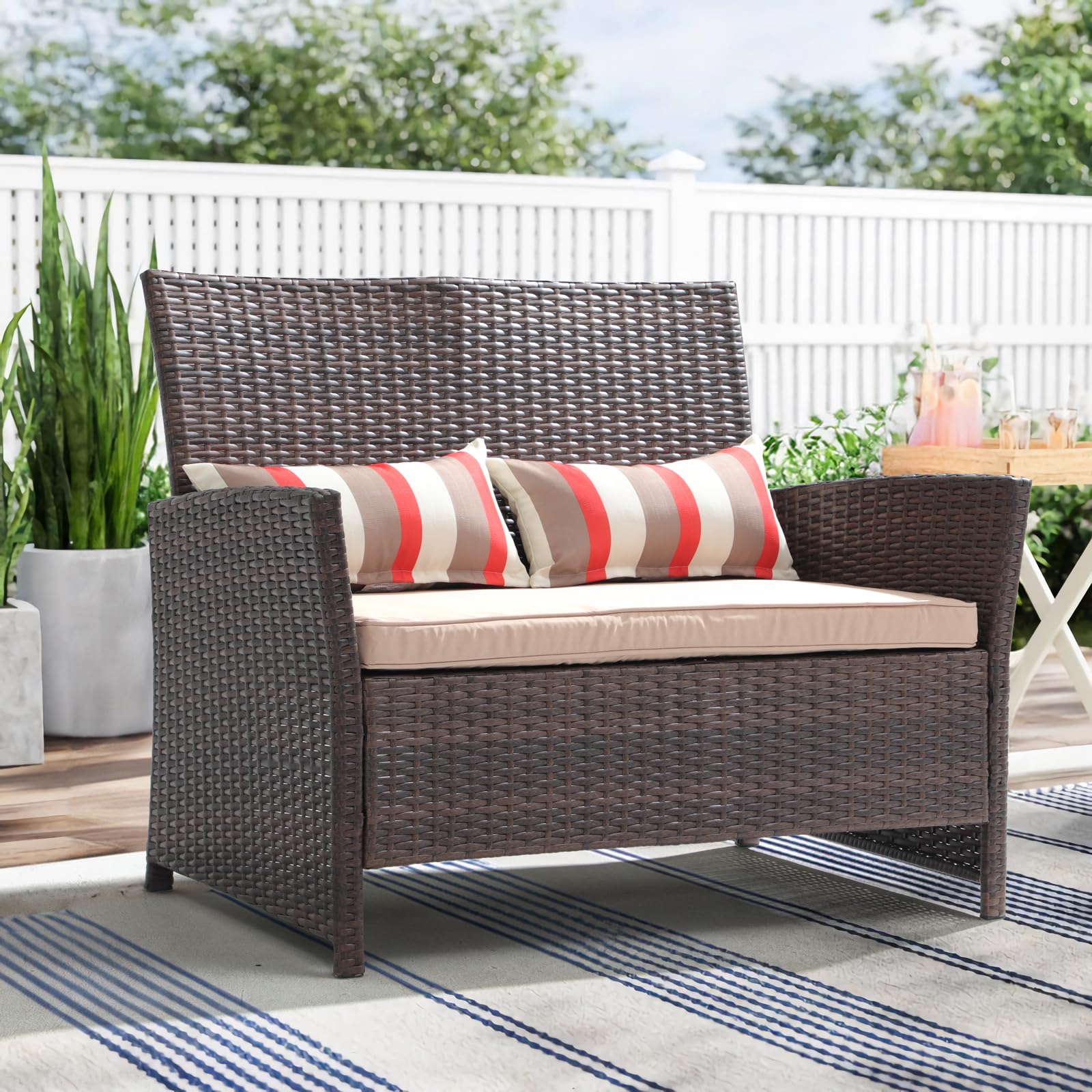 Outdoor Wicker Loveseat with Cushions, 2 Seats Patio PE Rattan Sofa