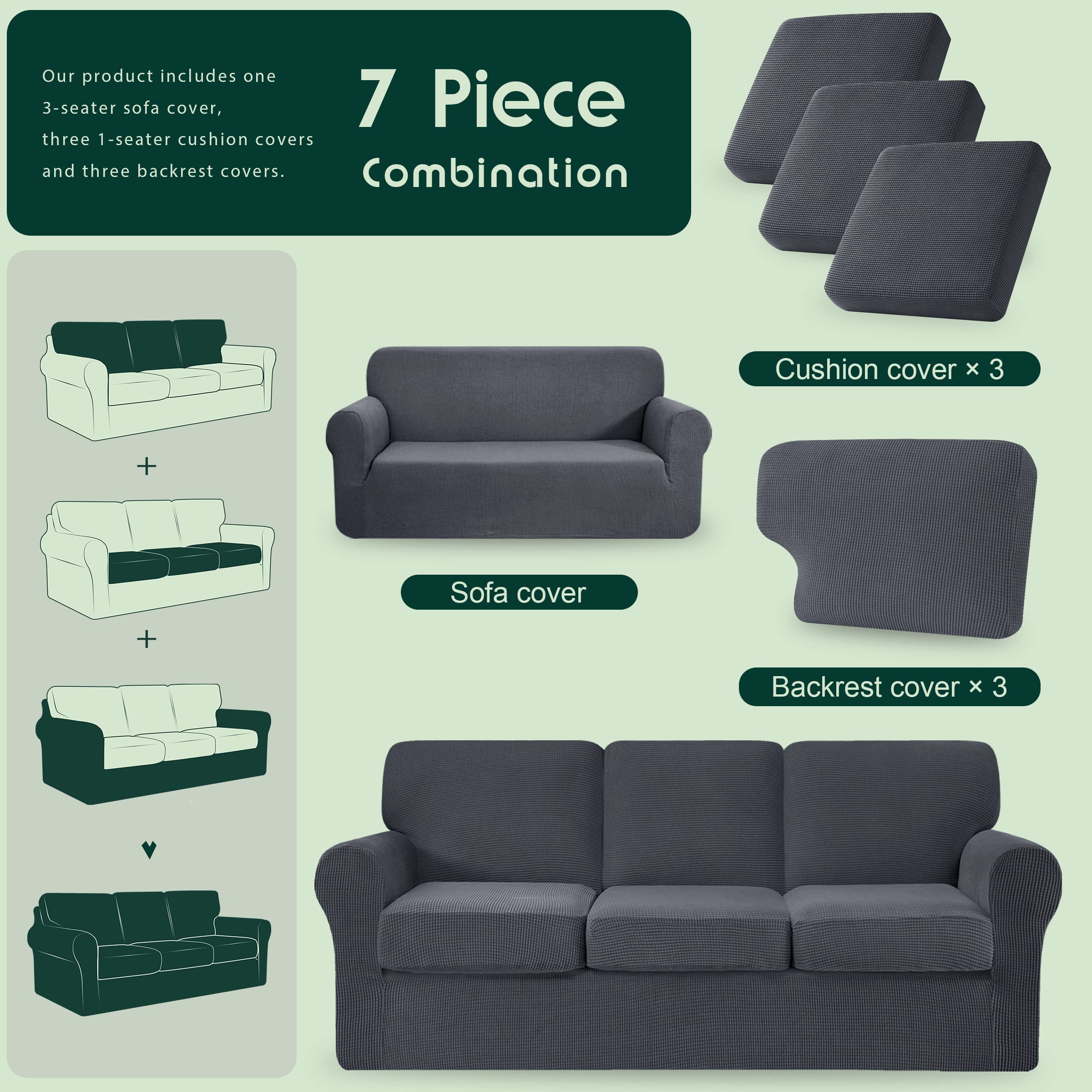 7 Piece Stretch Sofa Covers for 3 Cushion Couch Covers, 3 Seater Couch Slipcover