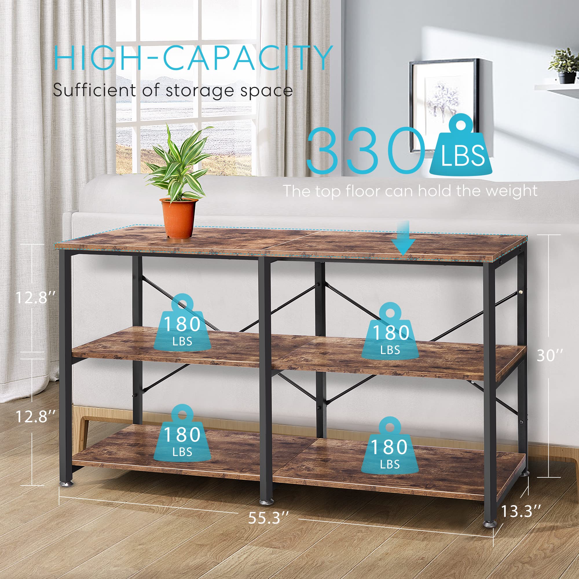 55 Inch Entryway Console Table, Narrow Industrial Sofa Table Behind Couch with 3-