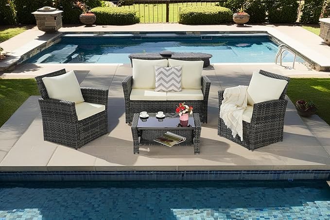 4-Piece Outdoor Patio Furniture Set: Rattan Wicker Chairs, Tempered Glass Coffee Table