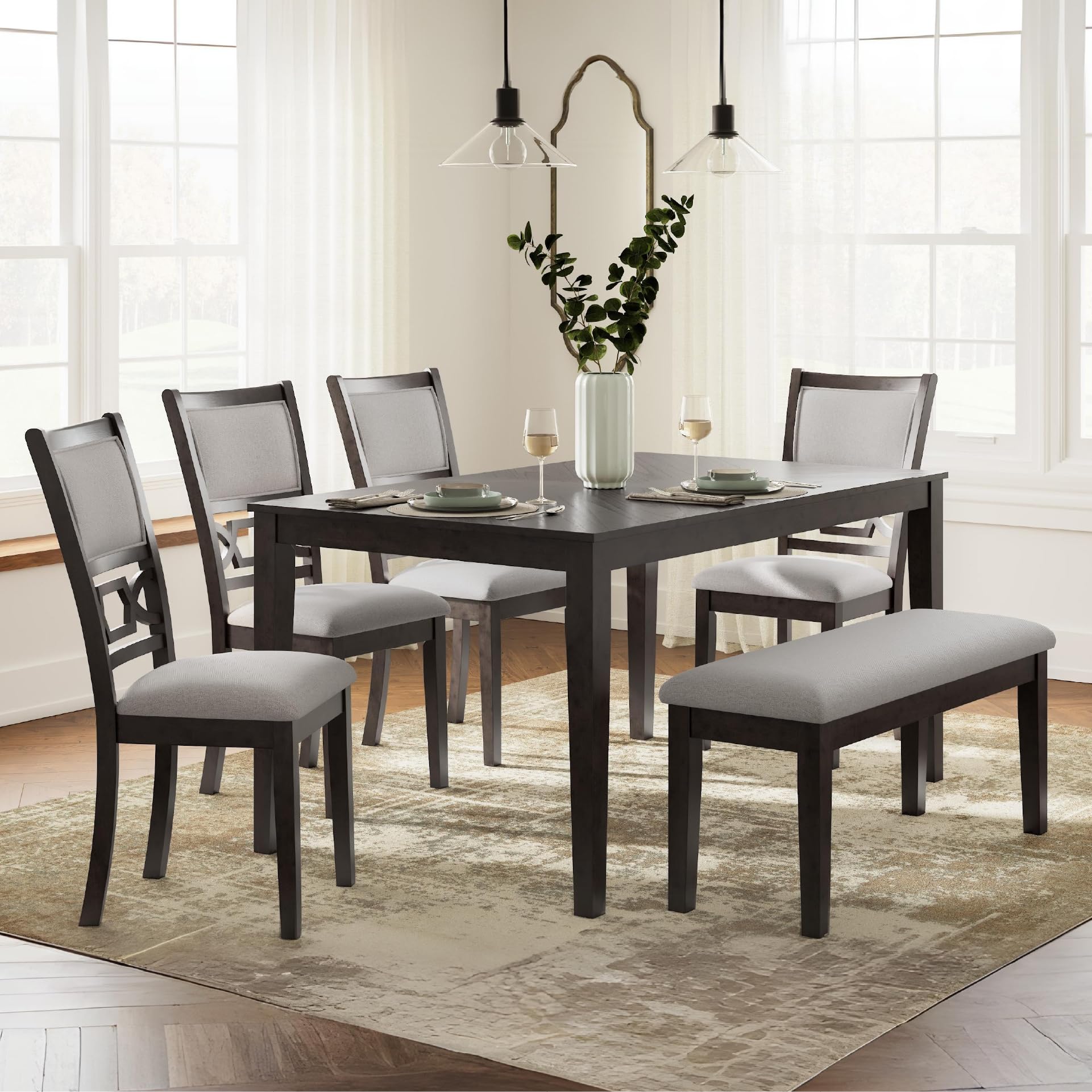 Langwest 6-Piece Dining Room Set with Upholstered Chairs and Bench