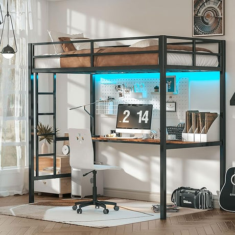 Loft Bed Twin Size with Desk, Metal Loft Bed Frame with Power Outlet and LED Lighted