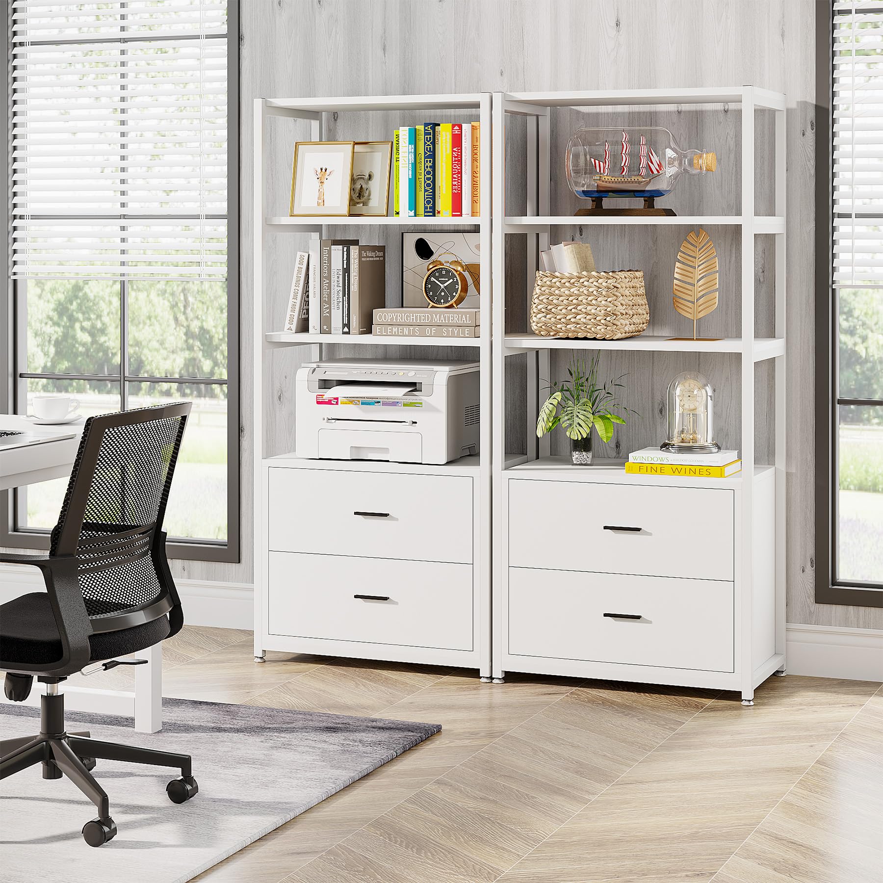 , 4-Tier White Bookshelf with 2 Drawers, Etagere Standard Book Shelves Display Shelf for Home Office (White)