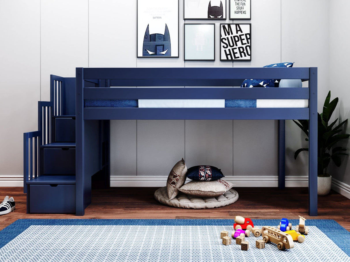 Bed Twin Size, Solid Wood Low Loft Bed with Storage Drawer and Ladder