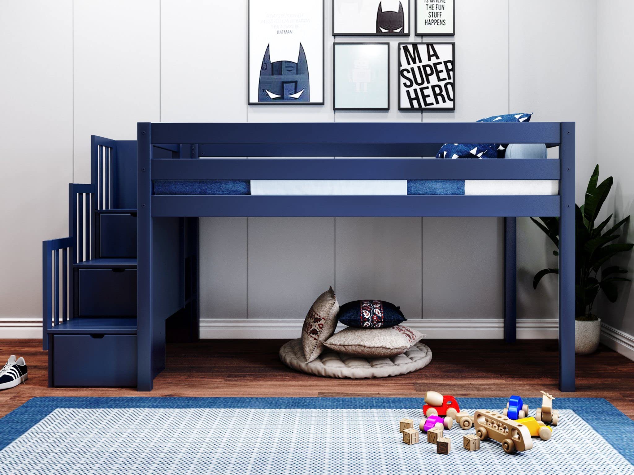 Contemporary Low Loft Twin Bed with a 3 Drawer Stairway, Blue