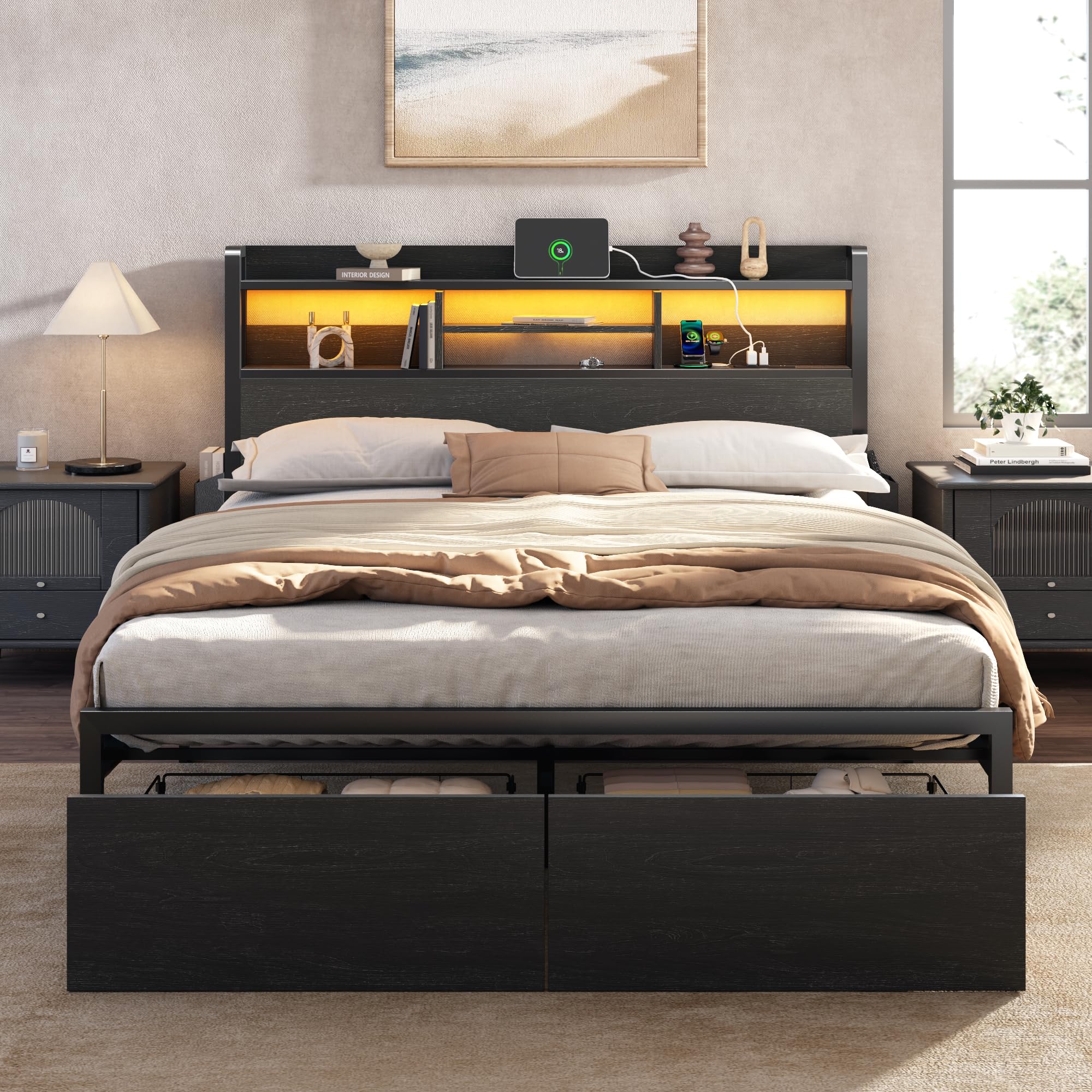 Full Size Bed Frame with LED Lights & Storage Drawers