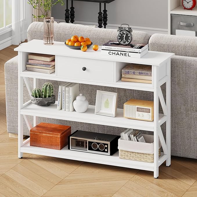 47 Inch Console Sofa Table with Drawer, Industrial Entryway Table with Storage Shelves,