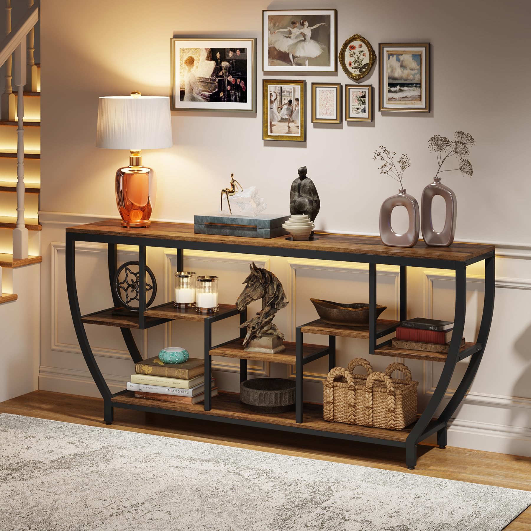 70.9 Inch Long Sofa Table with Shelves, Rustic Console Table with Storage