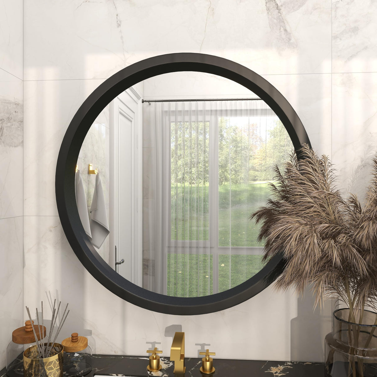 Wooden Room Wall Mirror Entryway Mirror, Wall Mounted Mirror 32" x 2" x 32", Black