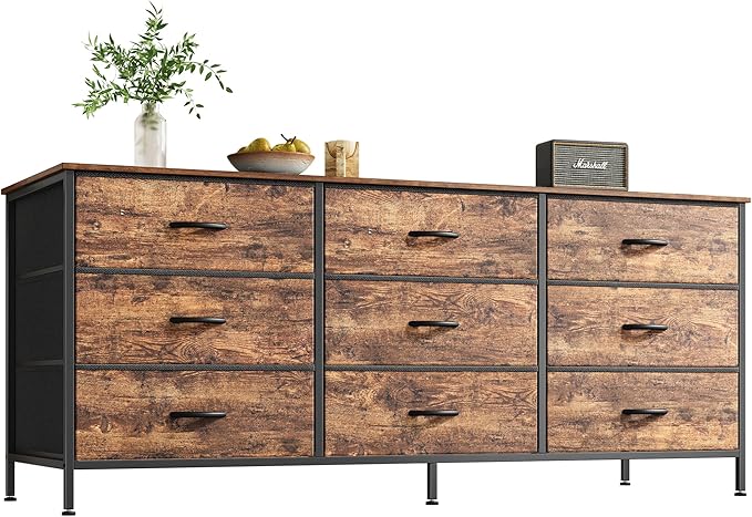 9 Drawer Dresser, 55 Inch Dresser TV Stand for 55, 60 Inch TV, Entertainment Center with Drawers, Large Storage Fabric Dresser for Bedroom, Closet, Rustic Brown