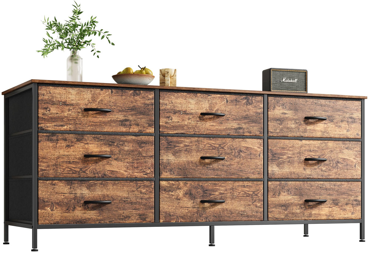 9 Drawer Dresser, 55 Inch Dresser TV Stand for 55, 60 Inch TV, Entertainment Center with Drawers, Large Storage Fabric Dresser for Bedroom, Closet, Rustic Brown