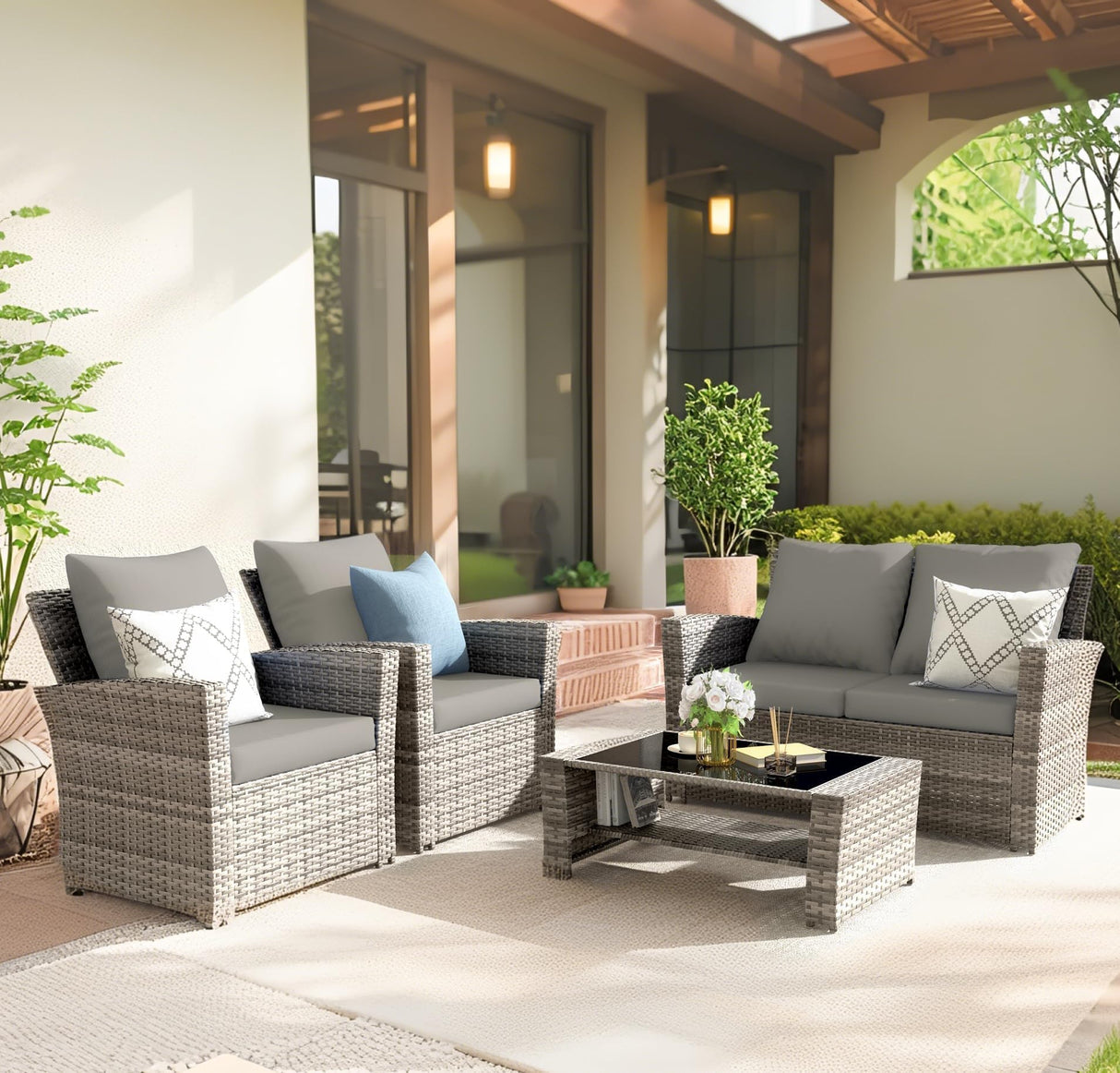 4-Piece Grey Waterproof PE Wicker Outdoor Sectional Sofa Set