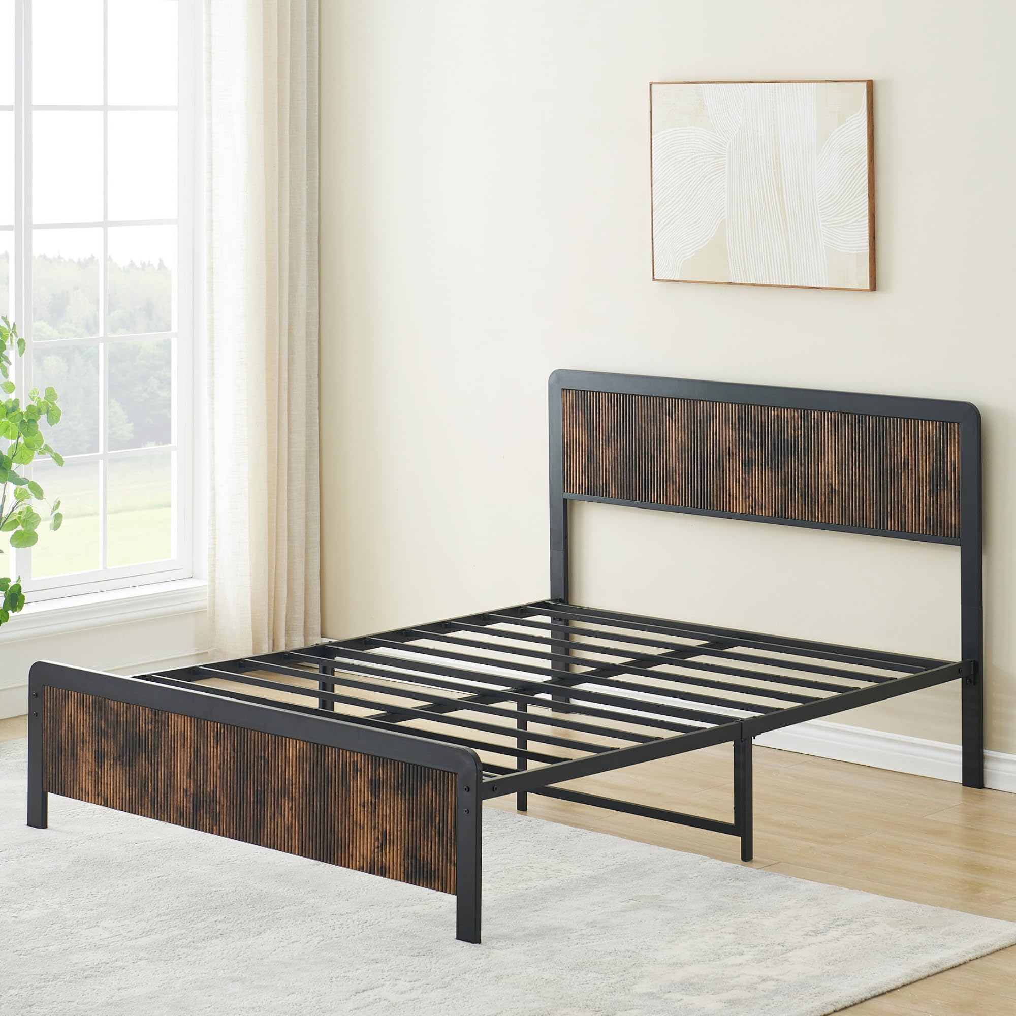 IDEALHOUSE Queen Size Bed Frame with Wave Wood Headboard, Queen Platform Bed Frame with Safe Rounded Corners & Under Bed Storage, Strong Metal Slats Support, No Box Spring Needed (Rustic Brown)