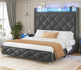 Queen Bed Frame with Tall Storage Headboard, Bed Frame Queen Size with Charging