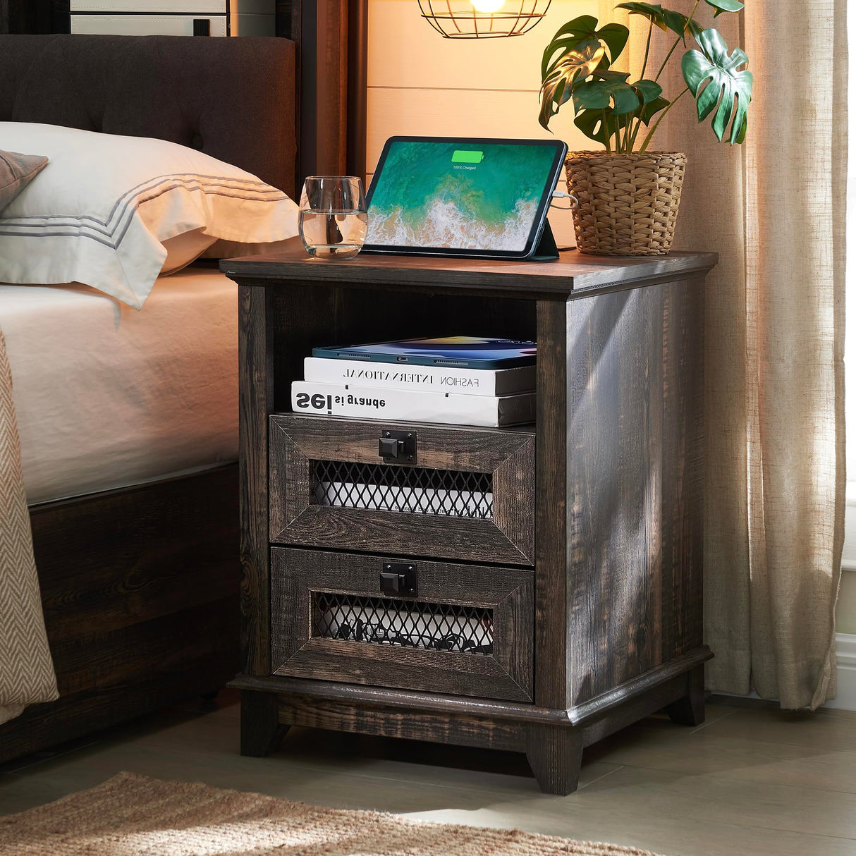 Farmhouse Nightstand with Charging Station, 18'' Wood End Table with 2 Drawers & Metal