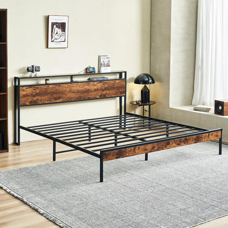 King Size Bed Frame with Charging Station, Platform Bed Frame with Storage Headboard,