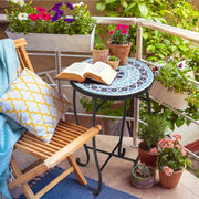 VINGLI Mosaic Accent Table, 14" Round Side Table,End Table, Plant Stand Decor for Patio Porch Beach Theme Balcony Back Deck Pool Indoor Outdoor Coffee, Metal Cobalt Glass Top Black Iron(Blue Ocean) - Bircata