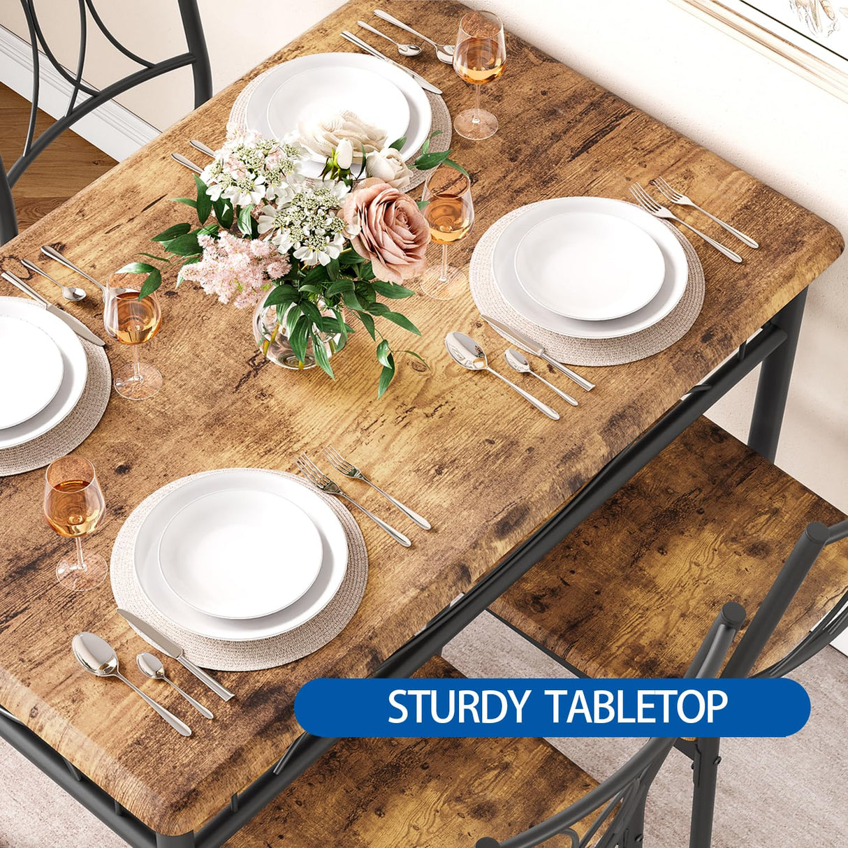 Compact Dining Table Set for 4 - Rustic Brown