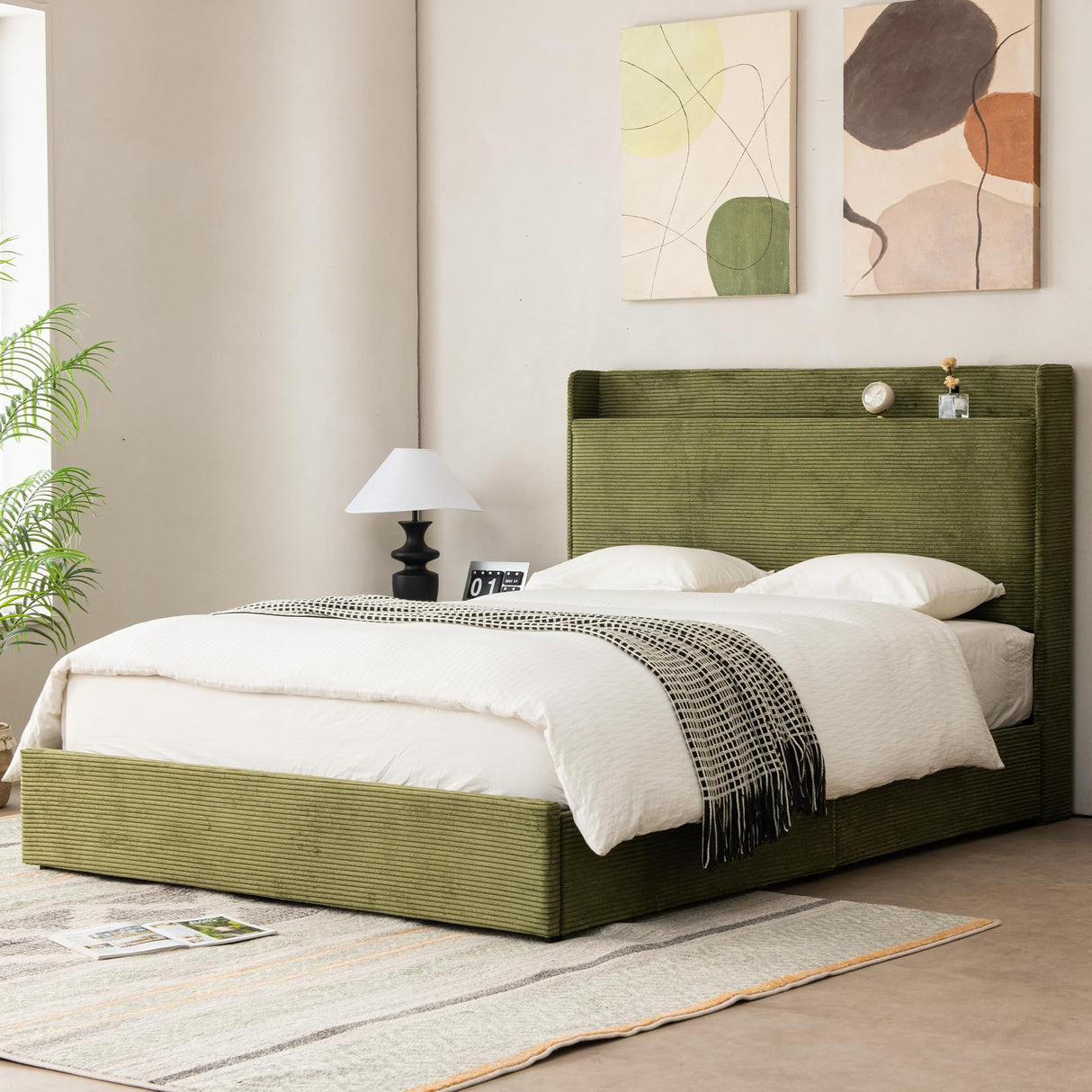 Queen Bed Frame with Storage Drawers - Upholstered Headboard