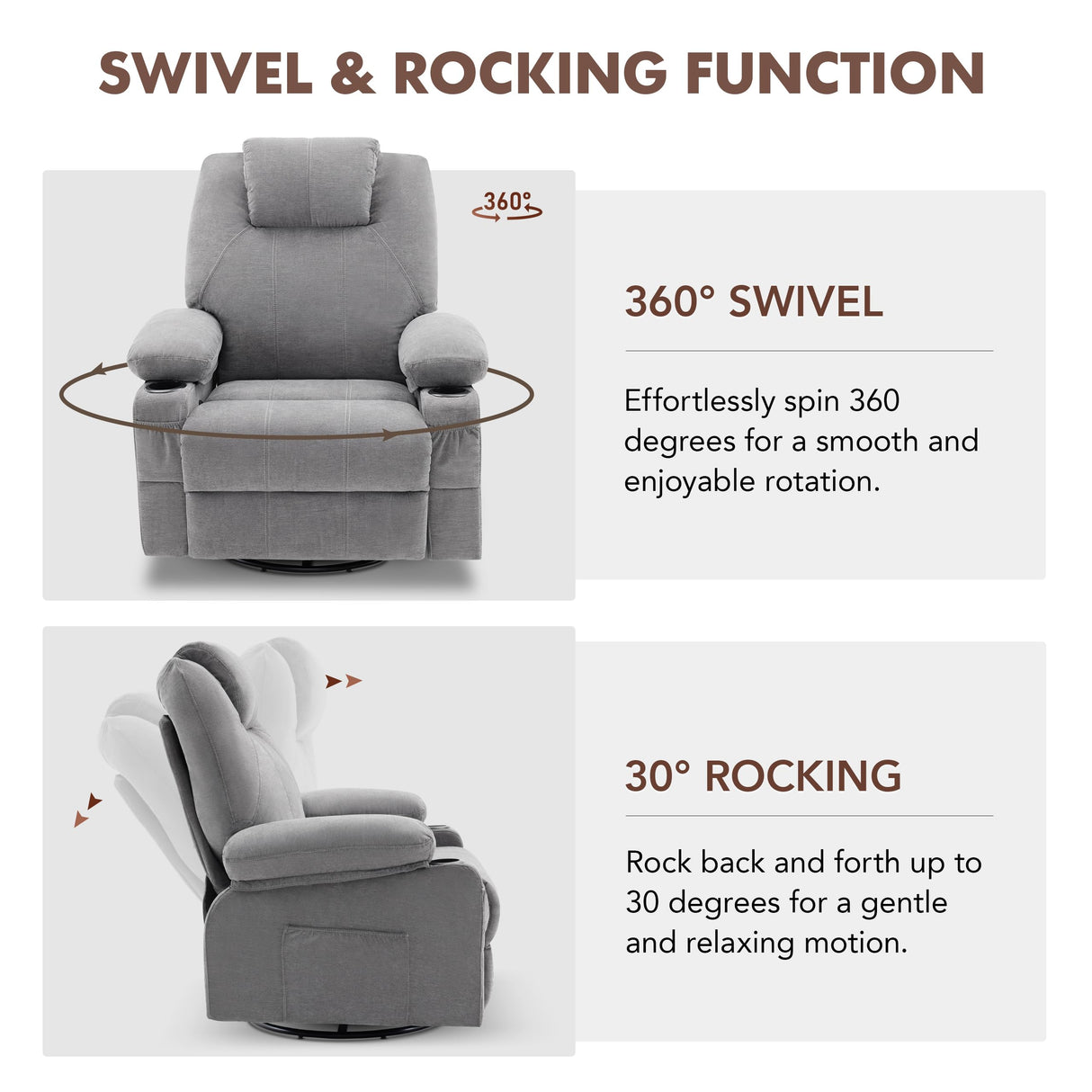 Swivel Rocker Recliner Chair with Heat and Massage, 360 Degree Swivel Rocking Single