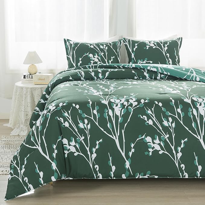 Comforter King Size Grey(104x90 Inch) -3 Pieces Soft Lightweight Microfiber Branches Comforter Bedding Set, Reversible Flower Plum Blossom Bed Set (1 Comforter, 2 Pillowcases)