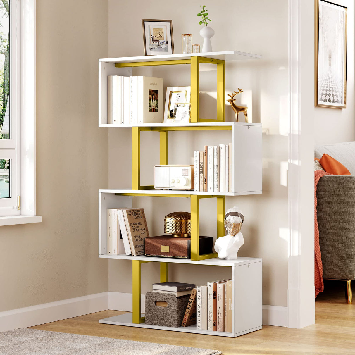 5-Tier Bookshelf, S-Shaped Z-Shelf Bookshelves and Bookcase, Modern Freestanding Multifunctional Decorative Storage Shelving for Bedroom Living Room Home Office, Gold