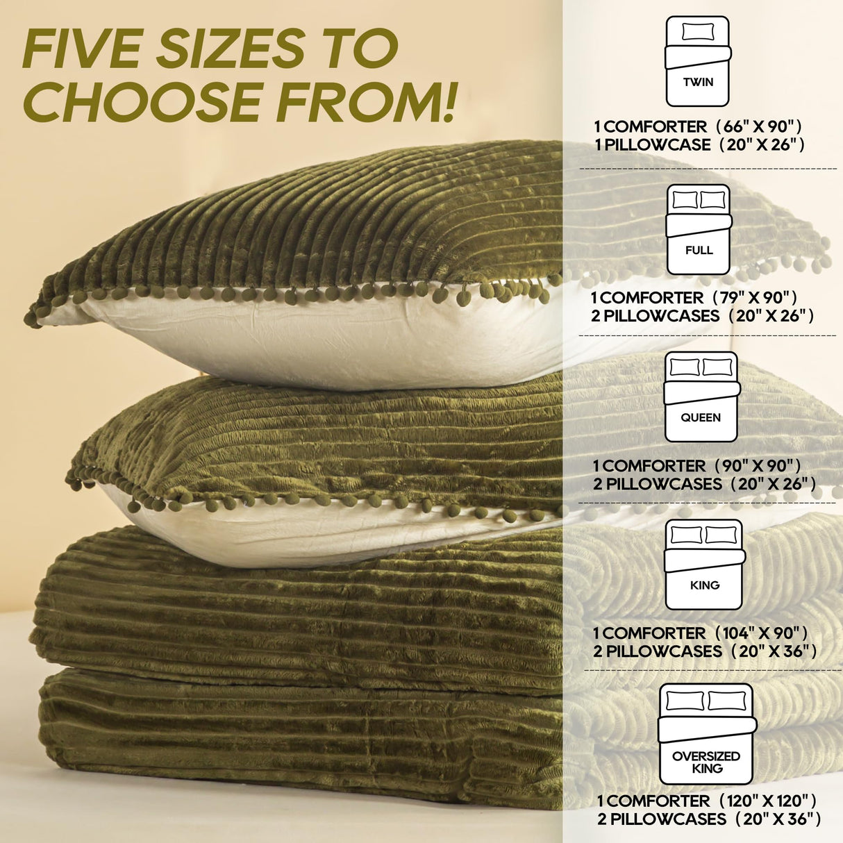 Olive Green Comforter Set Queen, 3pcs Reversible Boho Ball Pom Fringe Aesthetic Striped