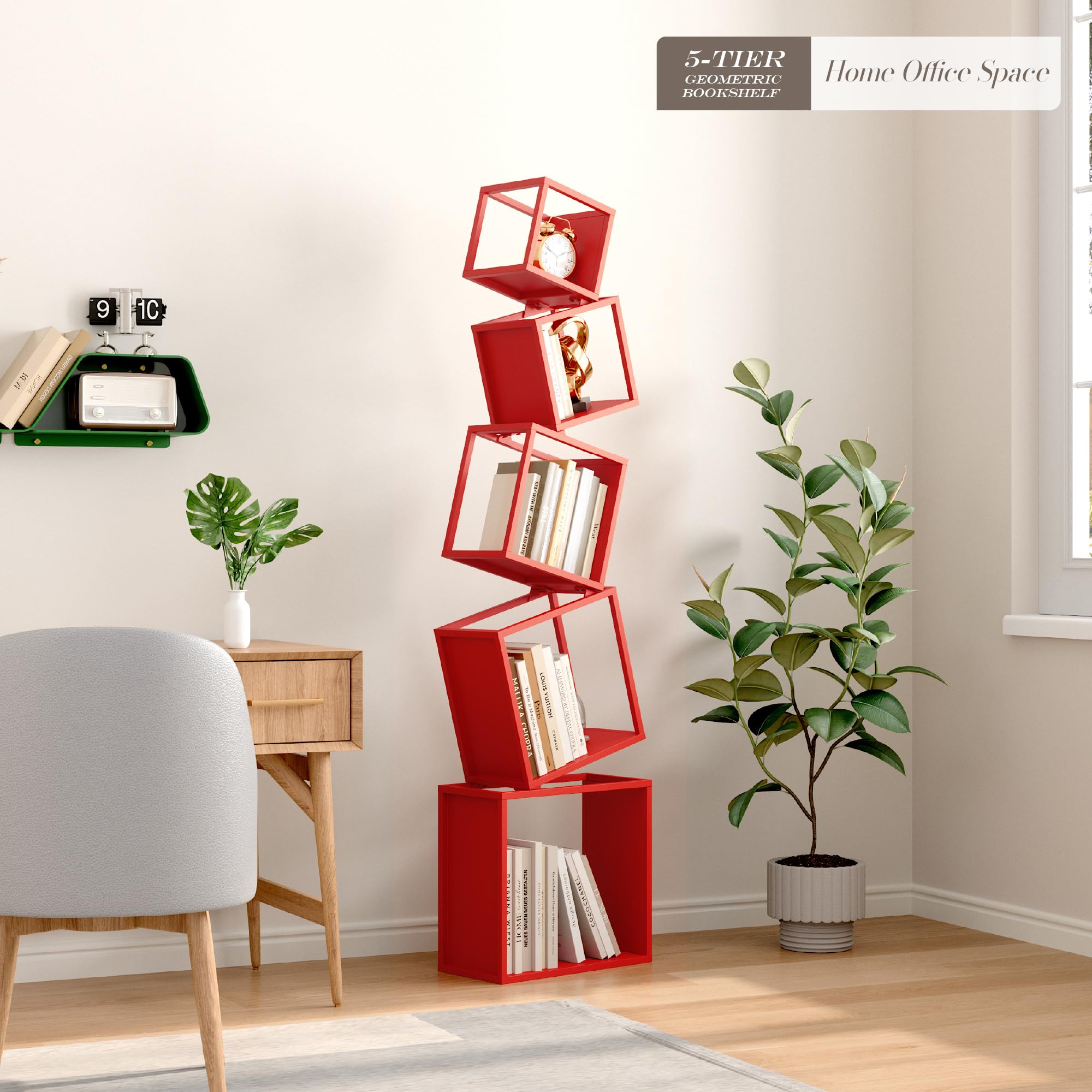 Bookshelf, 5-Tier Geometric Bookcase, 70.6" Tall Red Book Organizer,