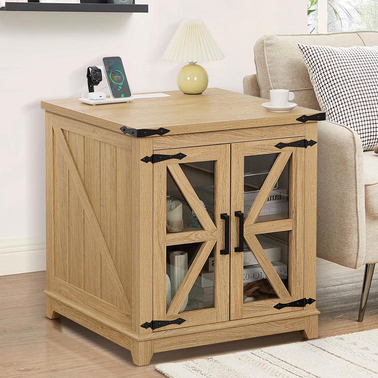 Farmhouse End Table with Charging Station, 24" Large Sofa Side Table