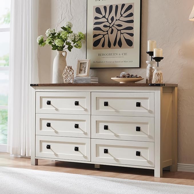 6 Drawer Dresser for Bedroom, 54 Inch Wide Rustic Wood Dresser