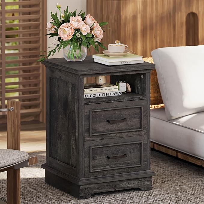 Farmhouse Nightstand with Storage Drawers and Open Shelf, Small End Tables Living Room,