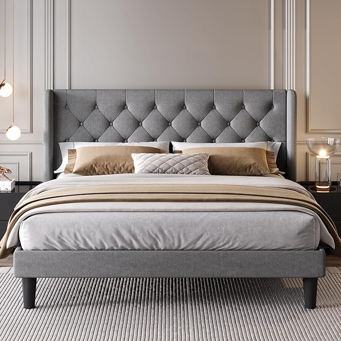 Queen Size Upholstered Platform Bed Frame with Wingback Headboard,