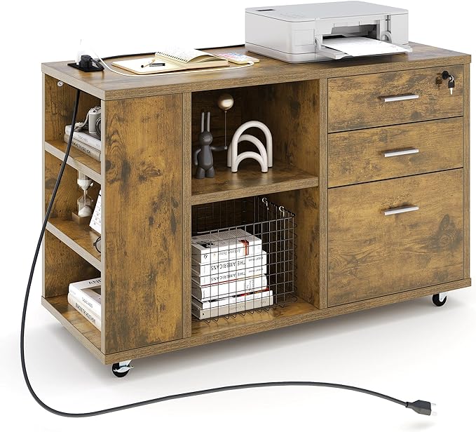 File Cabinet with Charging Station, Mobile Lateral Filing Cabinet with Lock