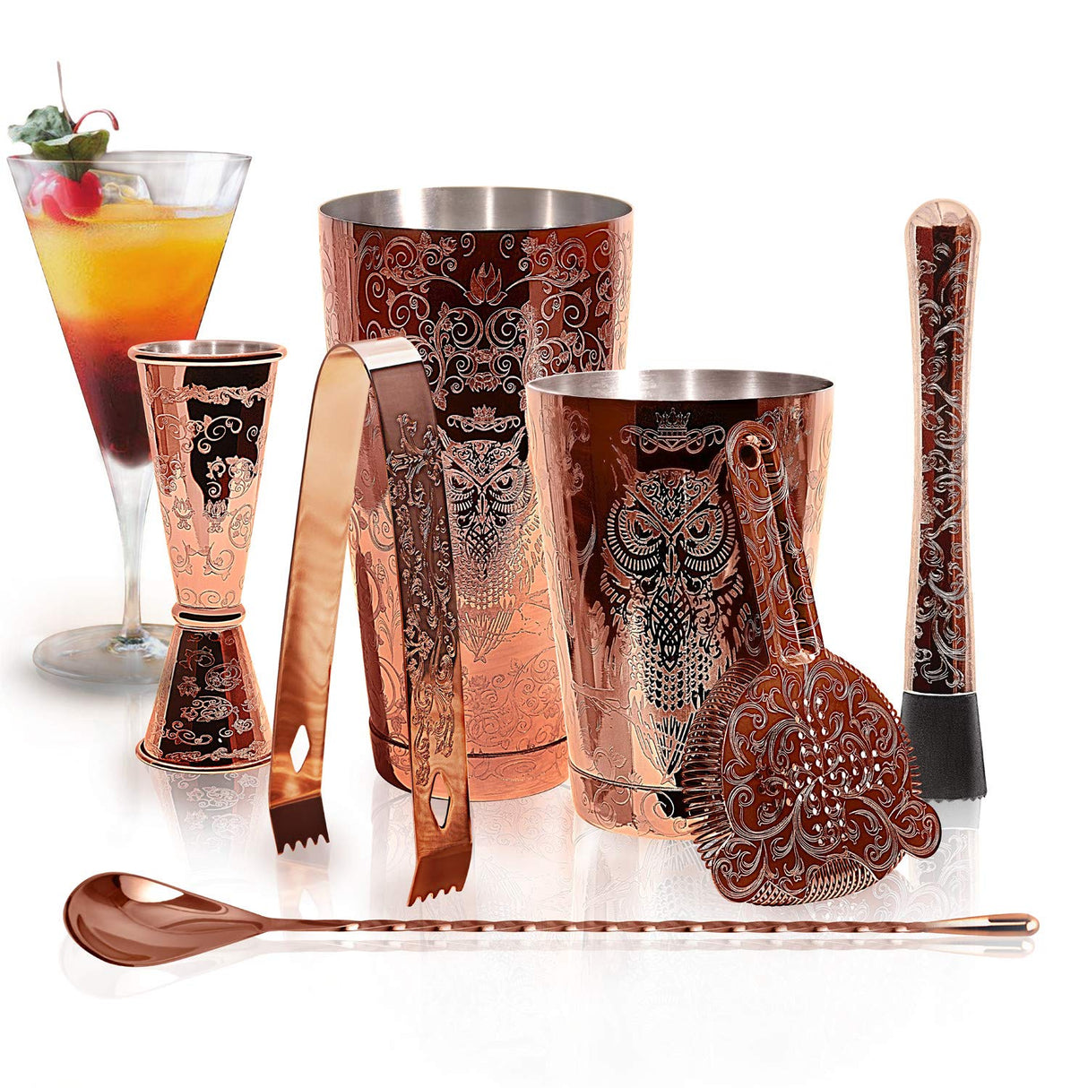 Bartender Kit Cocktail Shaker Set-6 Pieces Stainless Steel Copper Plated Etching