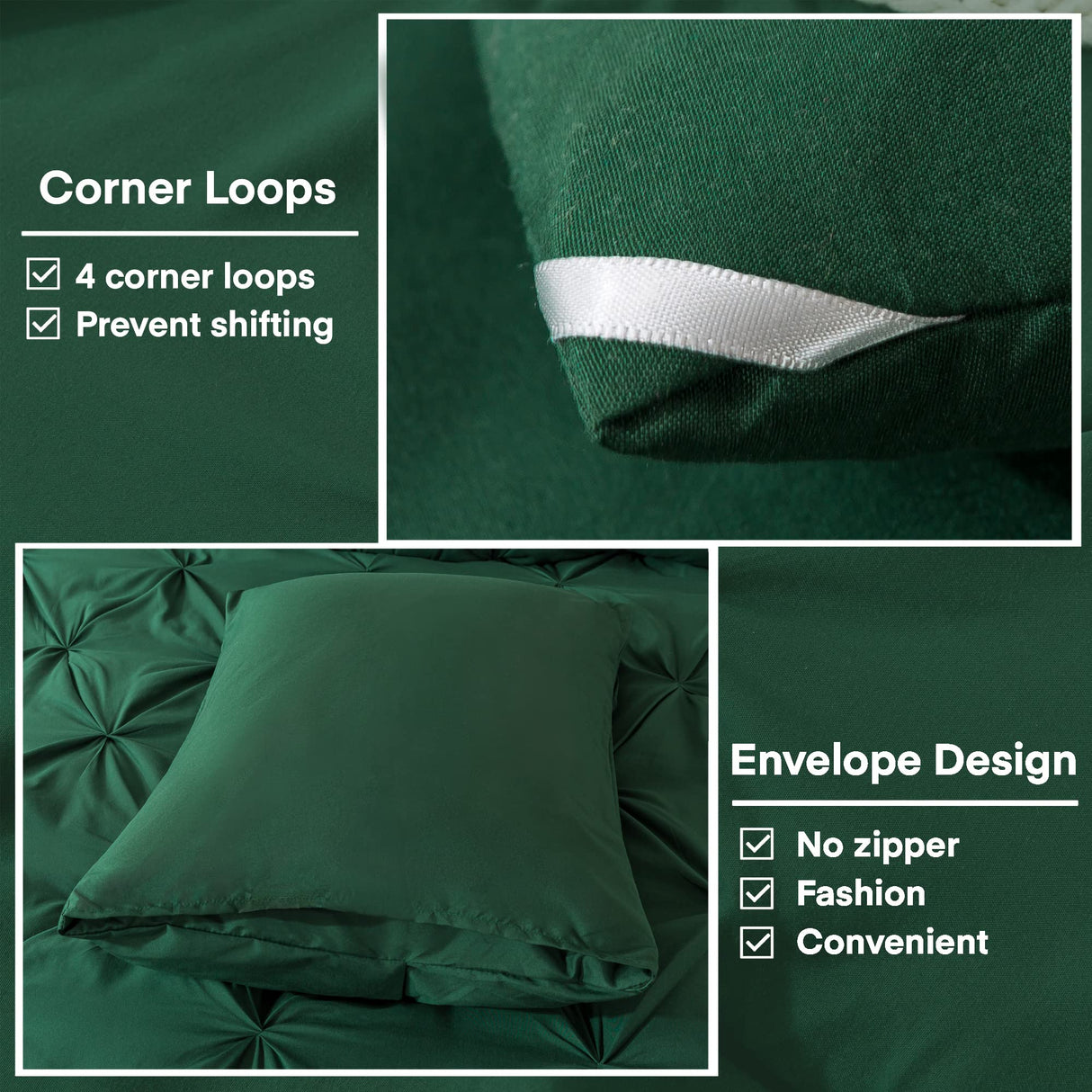 Dark Green Pinch Pleated Comforter Queen(90x90Inch), 3 Pieces(1 Pintuck Comforter and 2 Pillowcases)