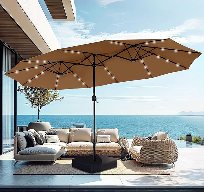 15ft Large Patio Umbrella with Base & Solar Lights, Double-Sided Outdoor Rectangle Umbrellas