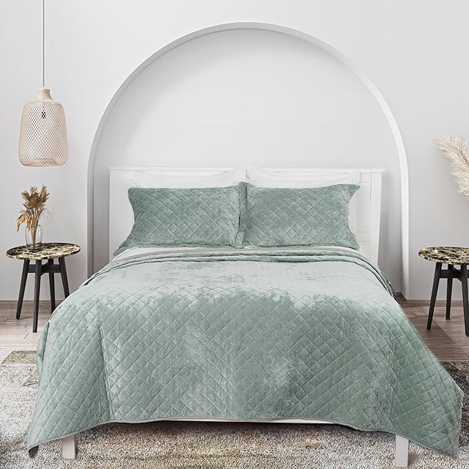 Luxury Velvet Queen Quilt Set, Ultra Soft Lightweight Velvet Comforter Set